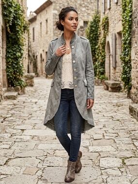 Vintage Gray Distressed Military Steampunk Napoleon Jacket | Hi-Low Frock Coat